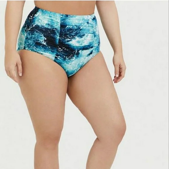 torrid Other - Torrid 1 Plus Lined Swim Bottoms Ruched Ocean Tie Dye Marbled Blue White